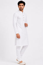Load image into Gallery viewer, Men's White Embroidered Cotton Kurta Churidar Set