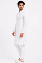 Load image into Gallery viewer, Men's White Embroidered Cotton Kurta Churidar Set
