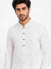 Load image into Gallery viewer, Men's White Embroidered Cotton Kurta Churidar Set