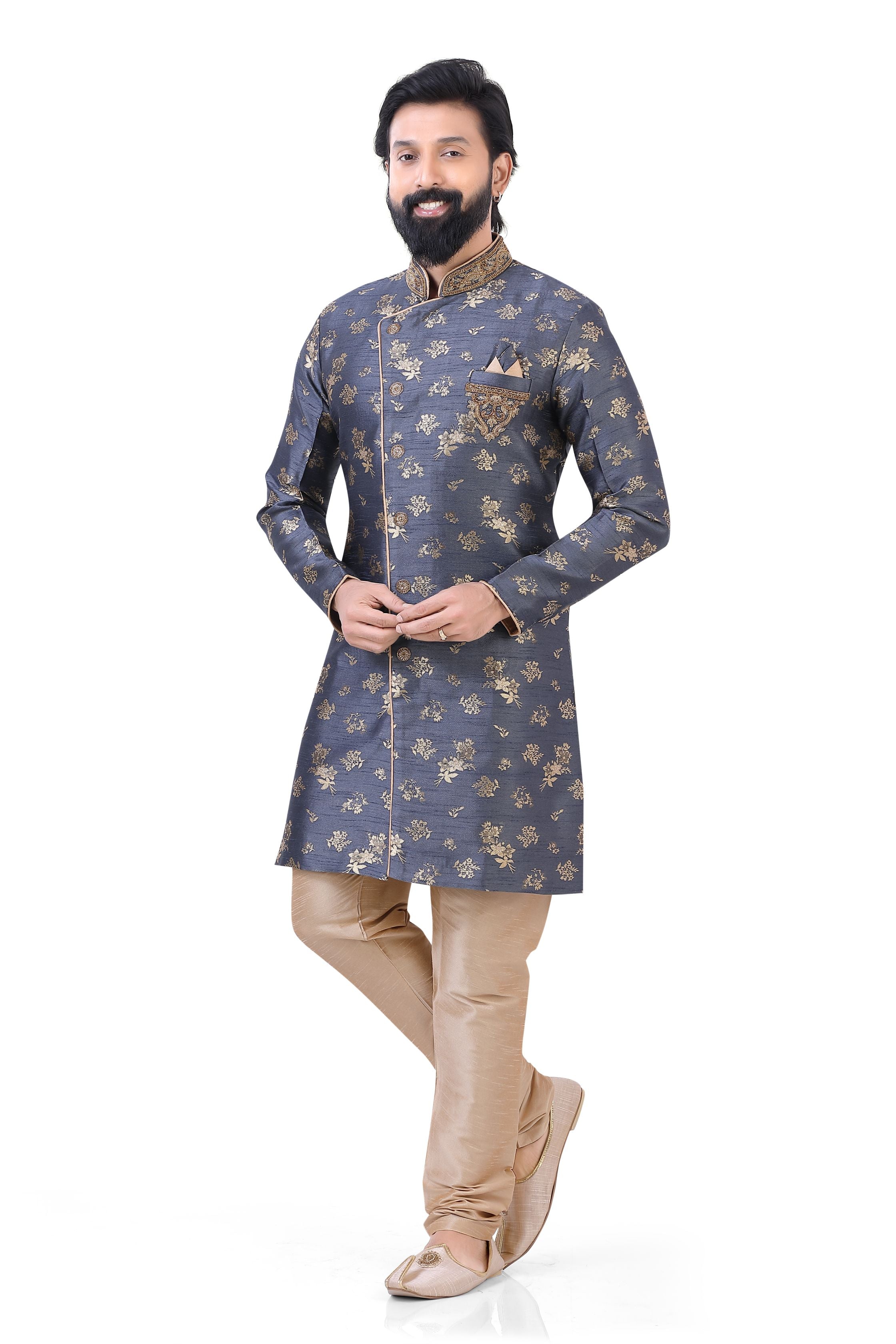 Aangrakha Style Heavy Brocade Silk Kurta in Yellow D NO Y-149 main image 1