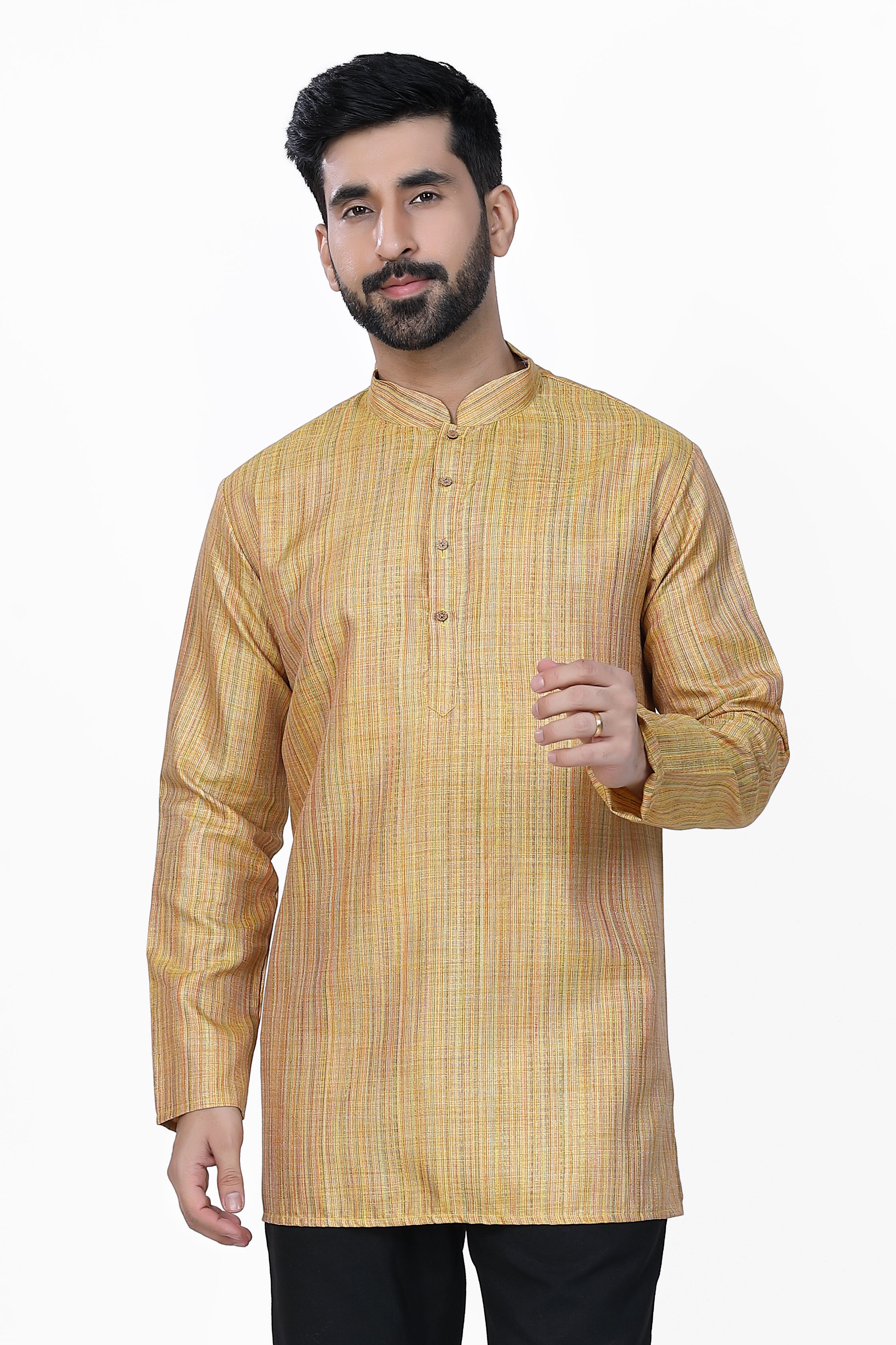 Dark Yellow Men's Khadi Short Kurta by Dapper Ethnic