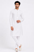 Load image into Gallery viewer, Men's White Embroidered Cotton Kurta Churidar Set
