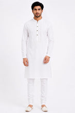 Load image into Gallery viewer, Men's White Embroidered Cotton Kurta Churidar Set
