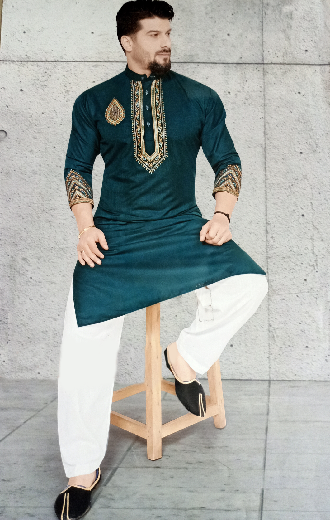 Embroidered Pathani Suit in Bottle Green Color