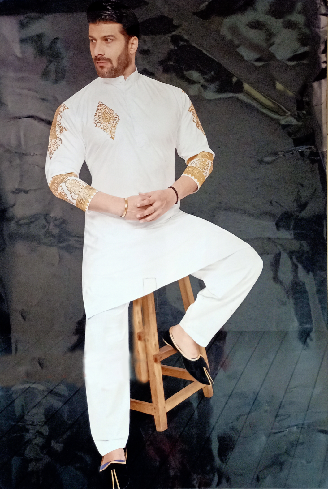 Embroidered Pathani Suit in White Color