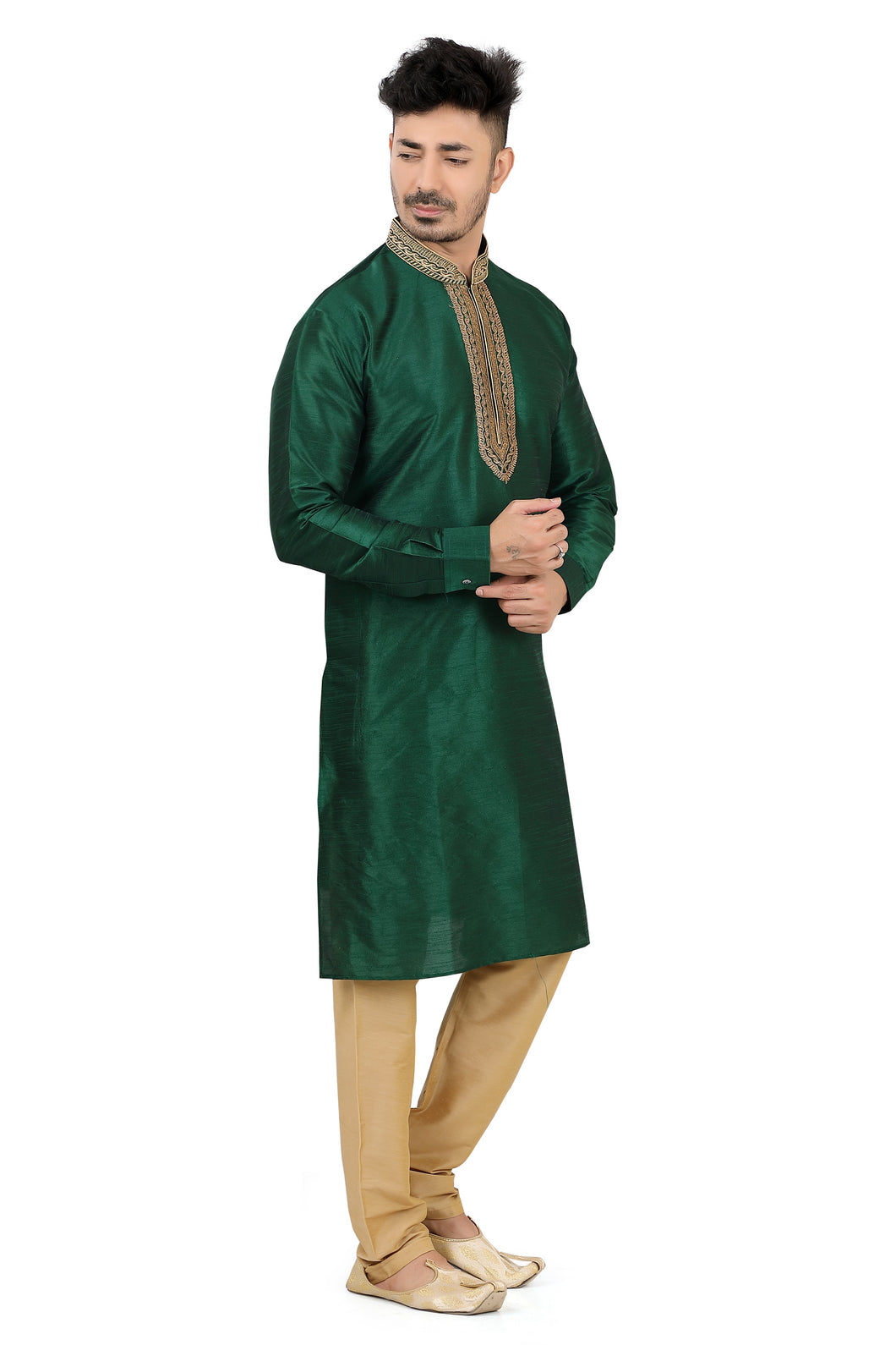 Banaras Dupion Silk Kurta pajama set in Bottle Green
