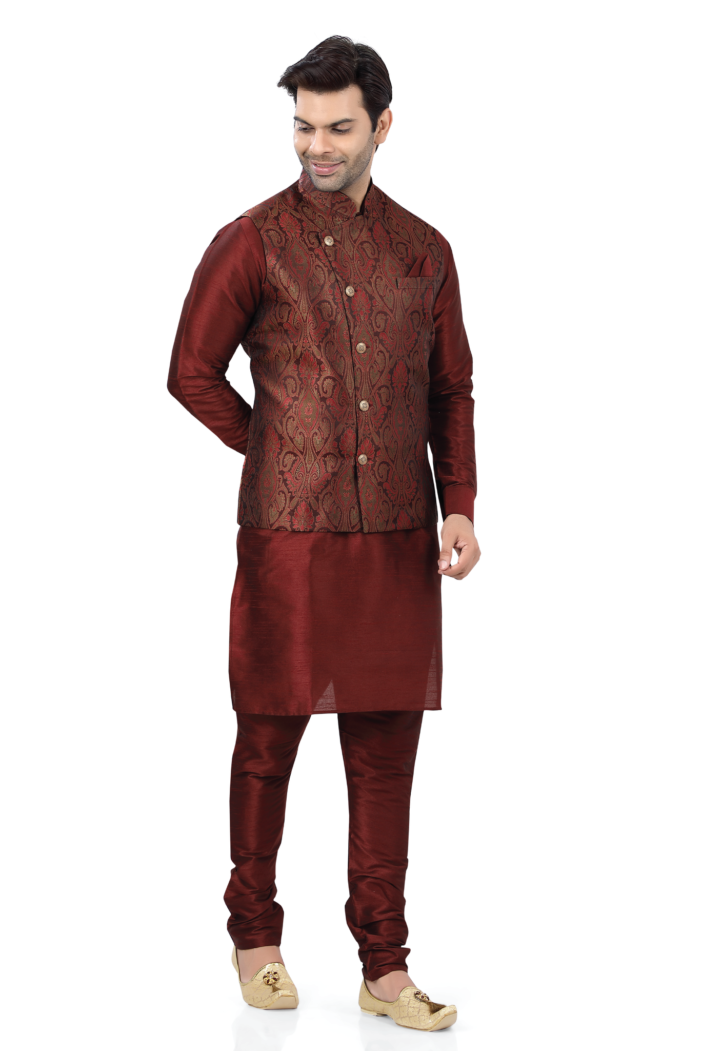 Maroon kurta 2025 with waistcoat