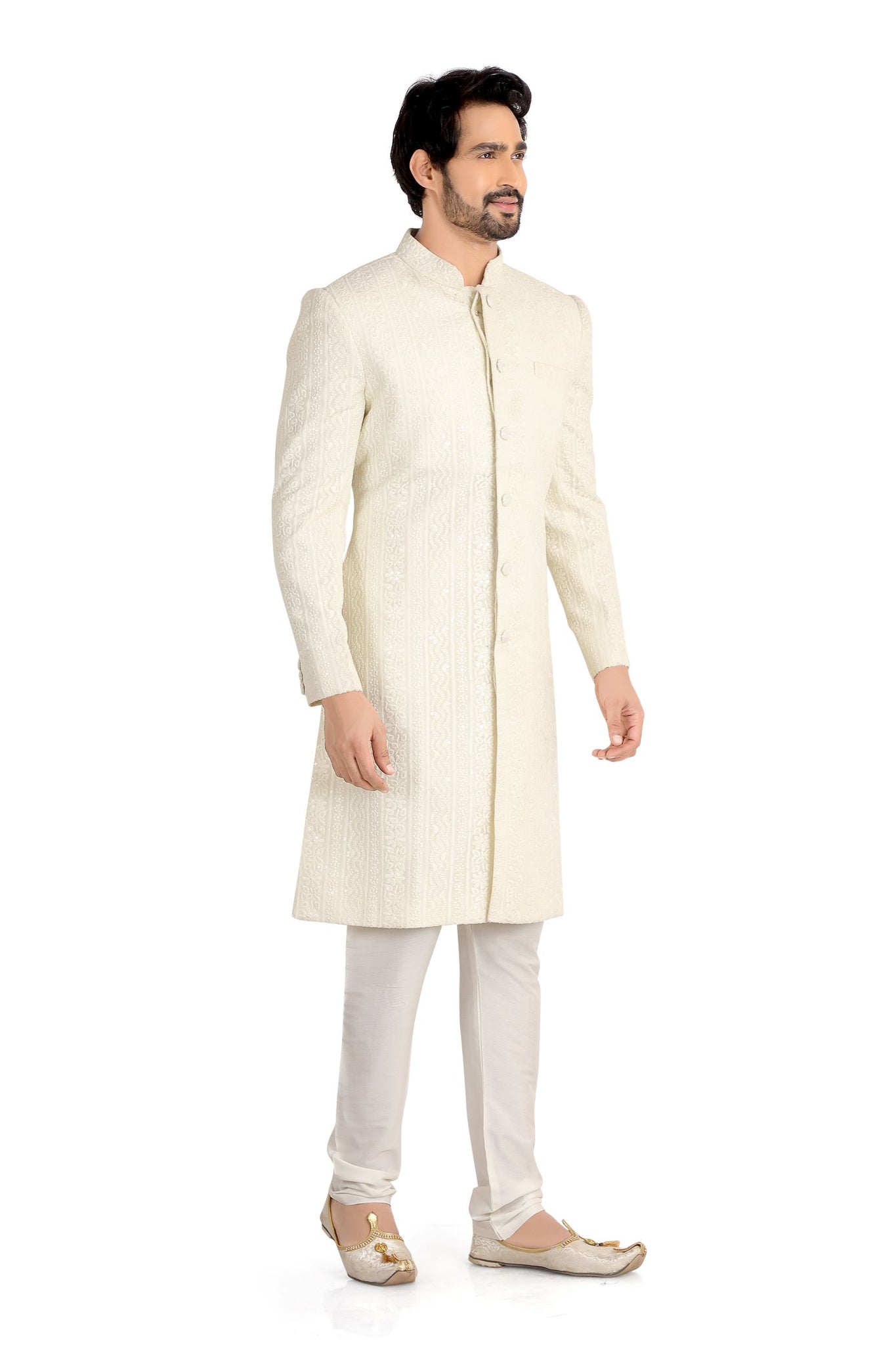 Lucknowi Chikankari Sherwani in Cream DE 901 Best Price in 2024 at Dapper Ethnic