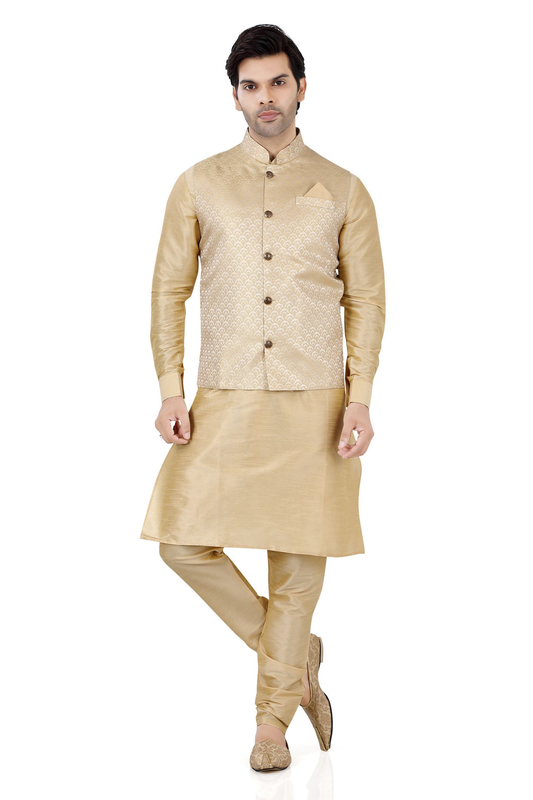 Brocade Silk  Gold Vest Coat with Gold Kurta Pajama D NO MO-126